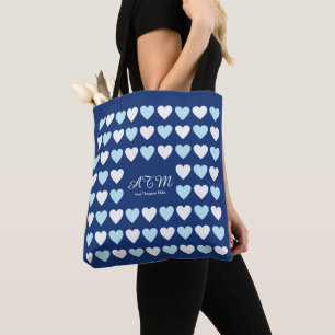 Elegantly Monogrammed blue tote bag with hearts