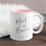 Elegantly Penned | Maid of Honor Two-Tone Coffee Mug<br><div class="desc">A sweet and elegant gift for your maid of honor,  two-tone mug in pink and white features "maid of honor" in hand lettered script typography. Personalize with your wedding date beneath.</div>