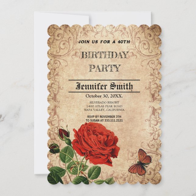 Elegantly retro red rose vitage invitation (Front)