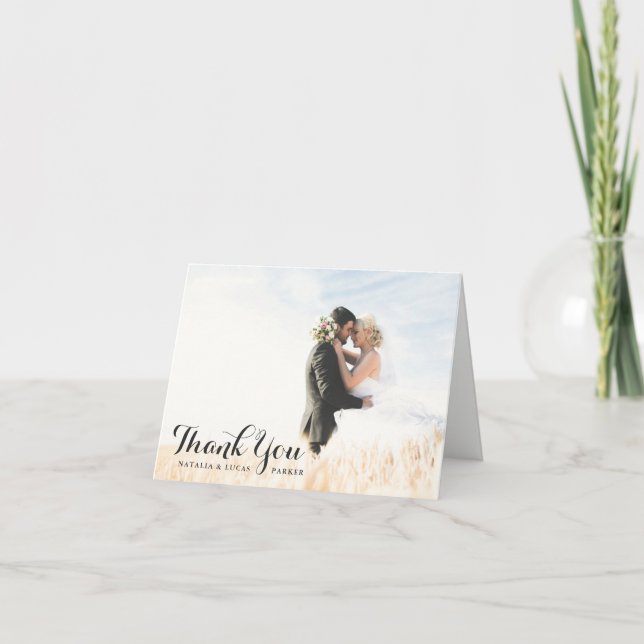 Elegantly Scripted Photo Wedding Thank You | Black (Front)