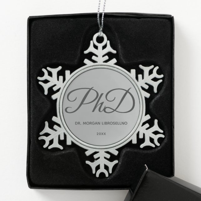 Elegantly Silver Name PhD Graduation Snowflake Pew Pewter Christmas Ornament (Box)