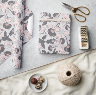 ElegantPink Grey Flowers Wrapping Paper