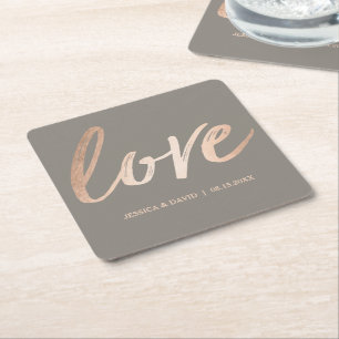 Elegantt Script Faux Foil Rose Gold Love Square Paper Coaster