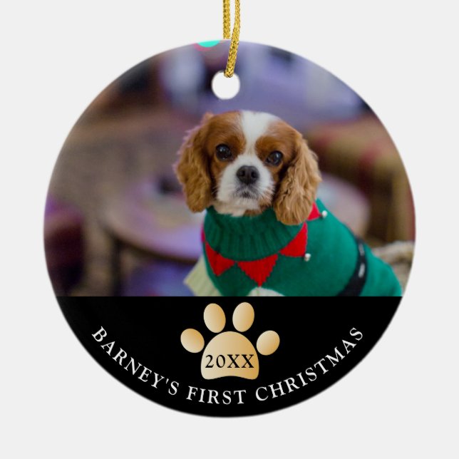 Elegany Black and Gold Dog's First Christmas Photo Ceramic Tree Decoration (Front)