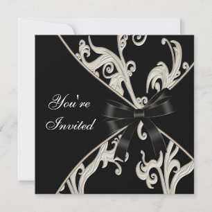 Elegatn Black White Cream Swirl Party Invitation