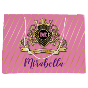 Elegent Gol and Pink Monogram Design Large Gift Bag