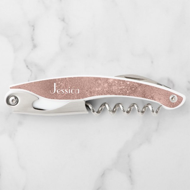 Elegent Pink Glitter Monogram Bridesmaid Corkscrew (Front)