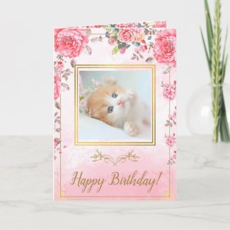 Elegent Pink Rose Cute Golden Kitten Birthday