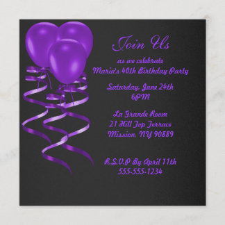 Elegent purple ballon birthday party invitations