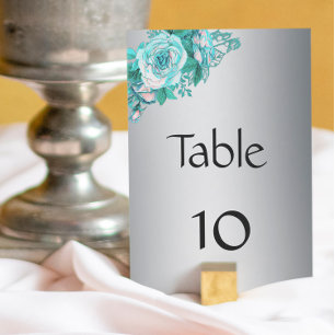 Eleglant Silver and Aqua Roses Wedding  Table Number