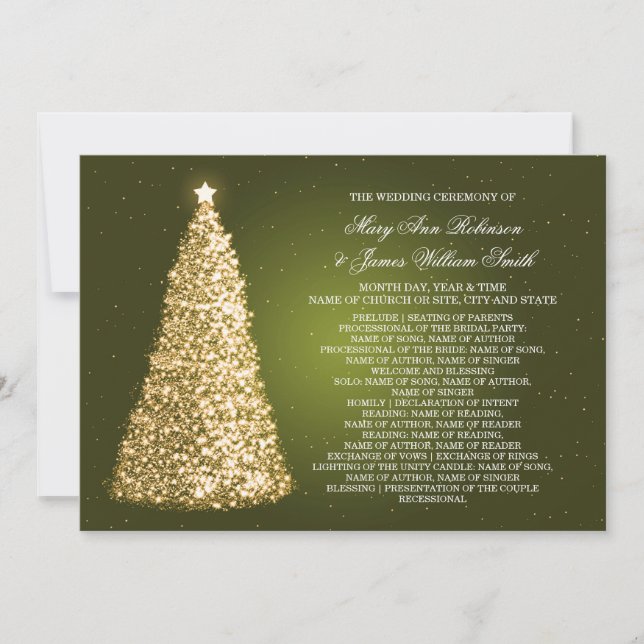 Elegnat Christmas Wedding Program Gold Green Invitation (Front)
