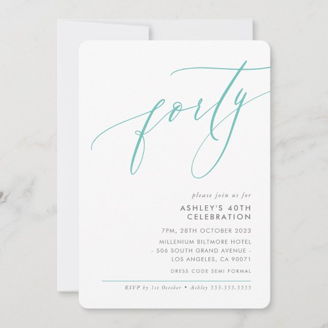 ELELGANT modern Calligraphy 40th party mint green Invitation (Front)