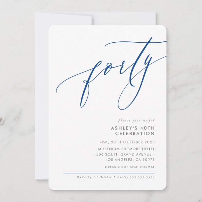 ELELGANT modern Calligraphy 40th party royal blue Invitation (Front)