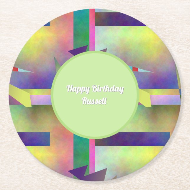 Elemental Abstract Pattern Happy Birthday Round Paper Coaster (Front)