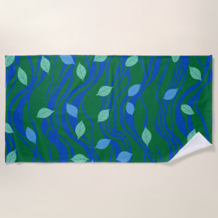 Elemental Flow Emerald Green Cobalt Blue w Leaves Beach Towel