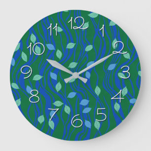 Elemental Flow Emerald Green Cobalt Blue w Leaves Large Clock
