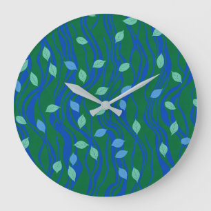 Elemental Flow Emerald Green Cobalt Blue w Leaves Large Clock