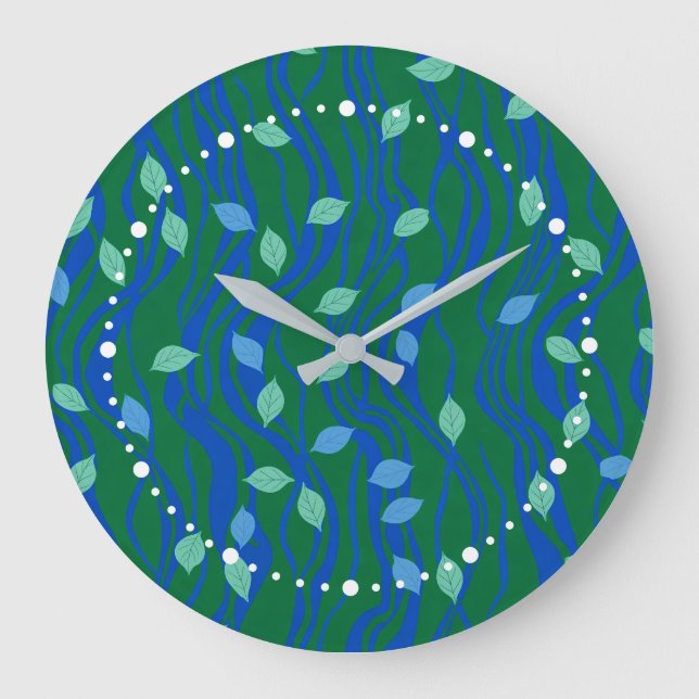 Elemental Flow Emerald Green Cobalt Blue w Leaves Large Clock (Front)