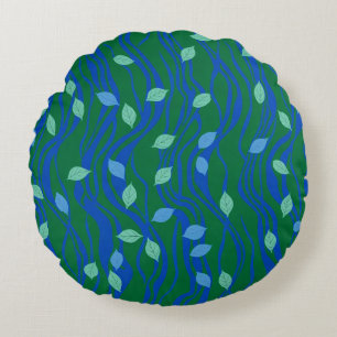 Elemental Flow Emerald Green Cobalt Blue w Leaves Round Cushion