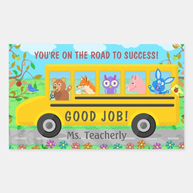 Elementary School Cute Bus Road to Success Class Rectangular Sticker (Front)