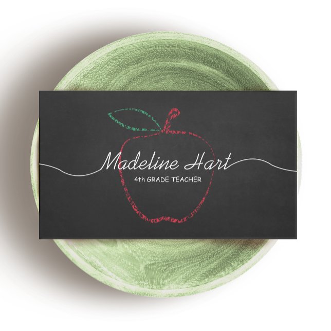 Elementary School Teacher Red Apple Chalkboard  Business Card (Creator Uploaded)
