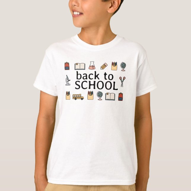 Elementary School Theme Kid Bus Book Globe  T-Shirt (Front)