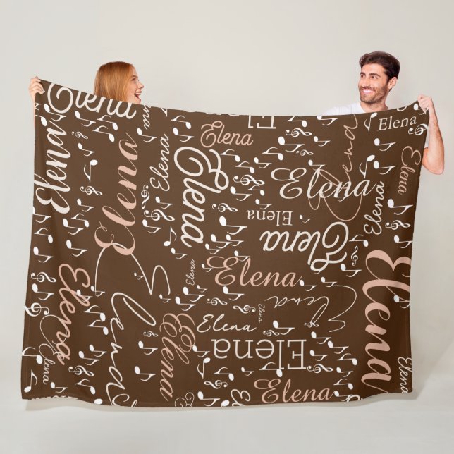 Elena personalised name musical notes brown fleece blanket (In Situ)