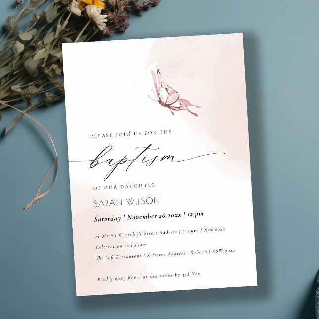 Elenant Blush Watercolor Butterfly Baptism Invitation (Creator Uploaded)
