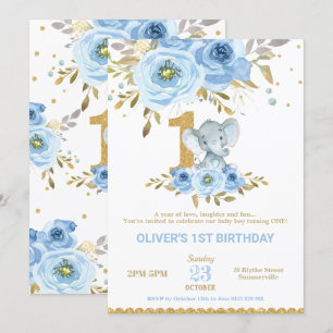 Elephant 1st Birthday Blue Floral Boy Invitation