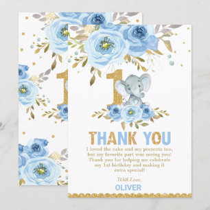 Elephant 1st Birthday Blue Floral Thank You Card