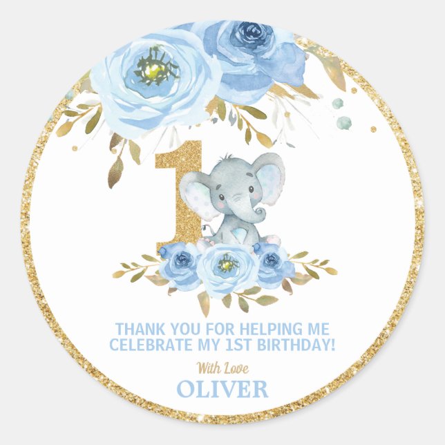 Elephant 1st Birthday Blue Floral Thank You Favors Classic Round Sticker (Front)