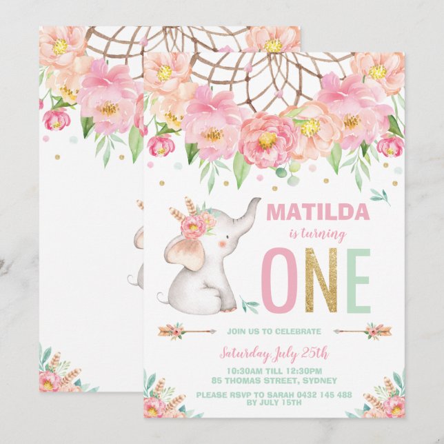 Elephant 1st Birthday Boho Pink Floral Girl Invitation (Front/Back)