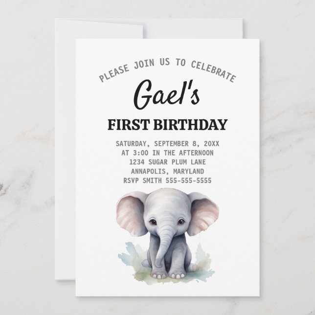 Elephant 1st Birthday Boy Invitation (Front)