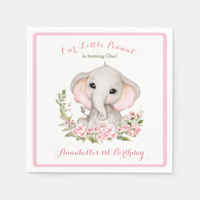 Elephant 1st Birthday Girl Custom Age Napkins (Front)