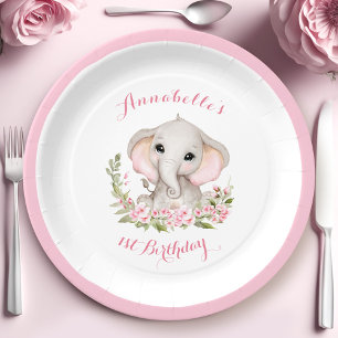 Elephant 1st Birthday Girl Custom Age Pink Spring Paper Plate