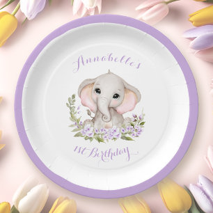 Elephant 1st Birthday Girl Floral Purple Spring Paper Plate