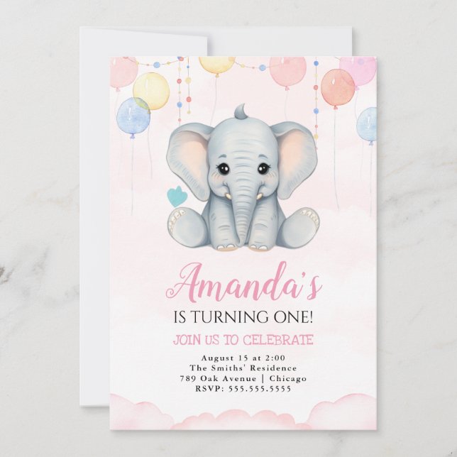 Elephant 1st Birthday Girl Invitation (Front)
