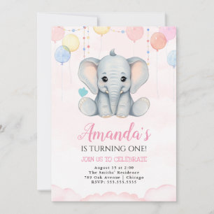 Elephant 1st Birthday Girl Invitation