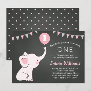 Elephant 1st Birthday Girl Invitation - Custom Age