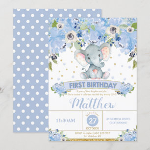 Elephant 1st Birthday Invitation Boy Blue Floral