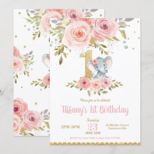 Elephant 1st Birthday Invitation Girl Pink Floral