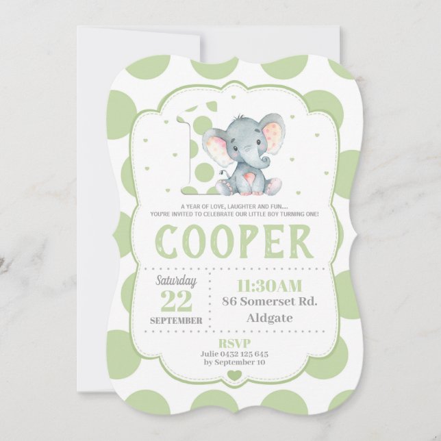 Elephant 1st Birthday Invitation Green Polka Dots (Front)
