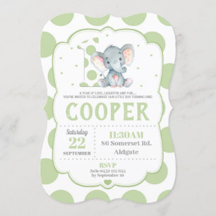 Elephant 1st Birthday Invitation Green Polka Dots