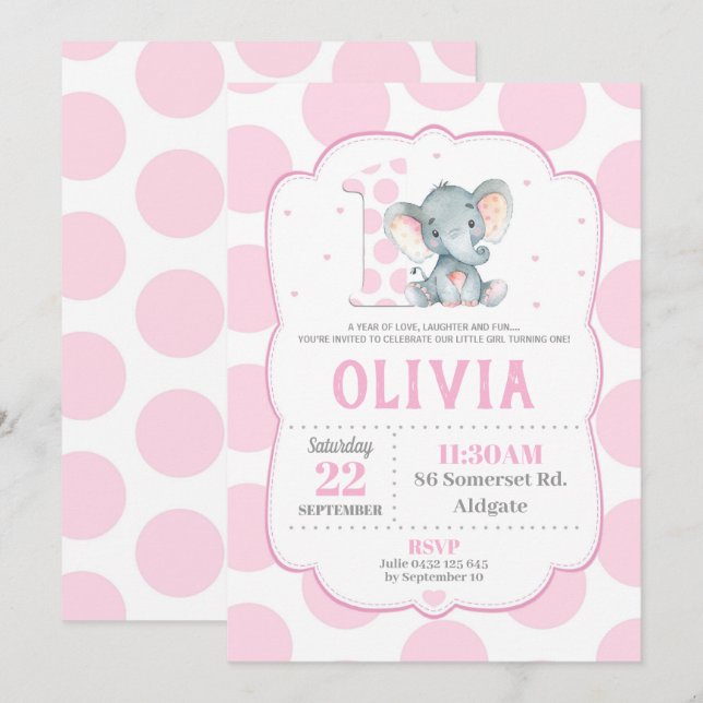 Elephant 1st Birthday Invitation Pink Polka Dots (Front/Back)