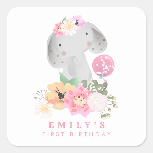 Elephant 1st Birthday Name Safari Pink Girl Square Sticker (Front)
