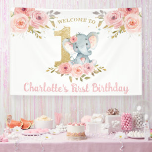 Elephant 1st Birthday One Pink Floral Backdrop  Banner