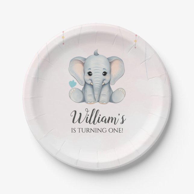 Elephant 1st Birthday Paper Plate (Front)