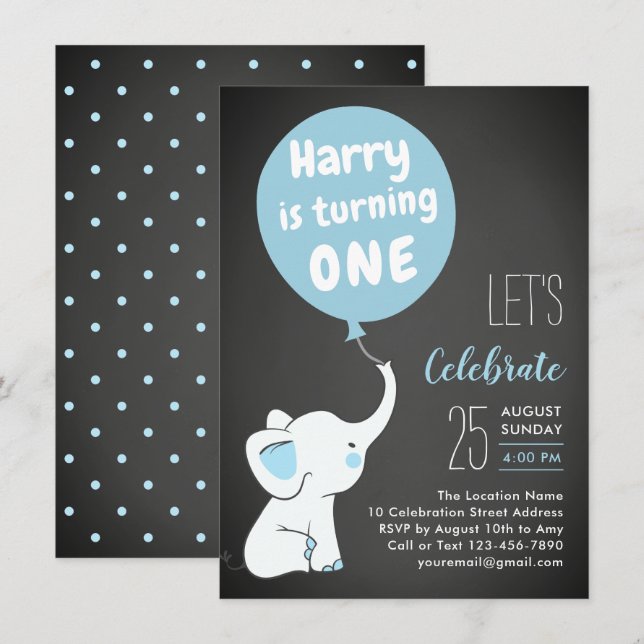 Elephant 1st Birthday Party Invitation for Boy (Front/Back)