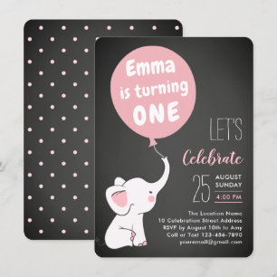 Elephant 1st Birthday Party Invitation for Girl