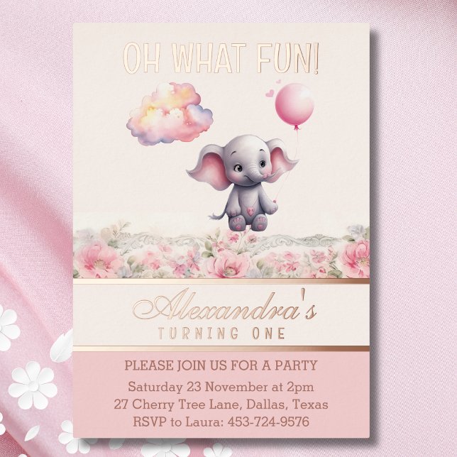 Elephant 1st Birthday Pink Floral Baby Girl (Creator Uploaded)